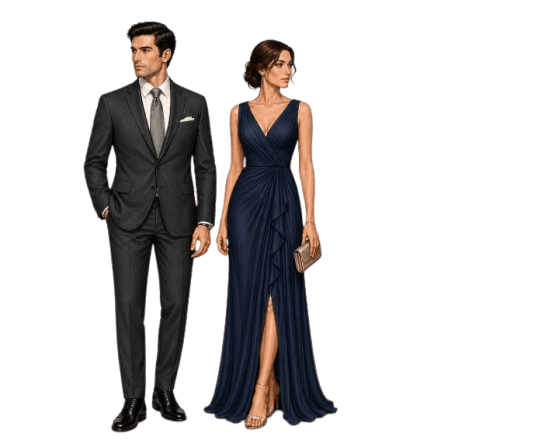 Sugestão de traje social: terno escuro masculino e vestido longo feminino em tom escuro
